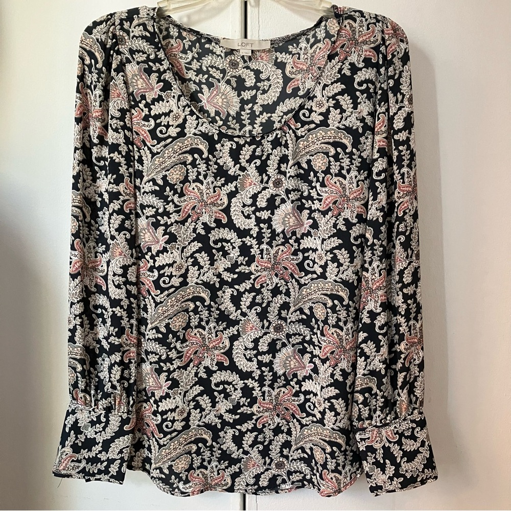 LOFT Blue and Pink Floral Long Sleeve Blouse Size Small
